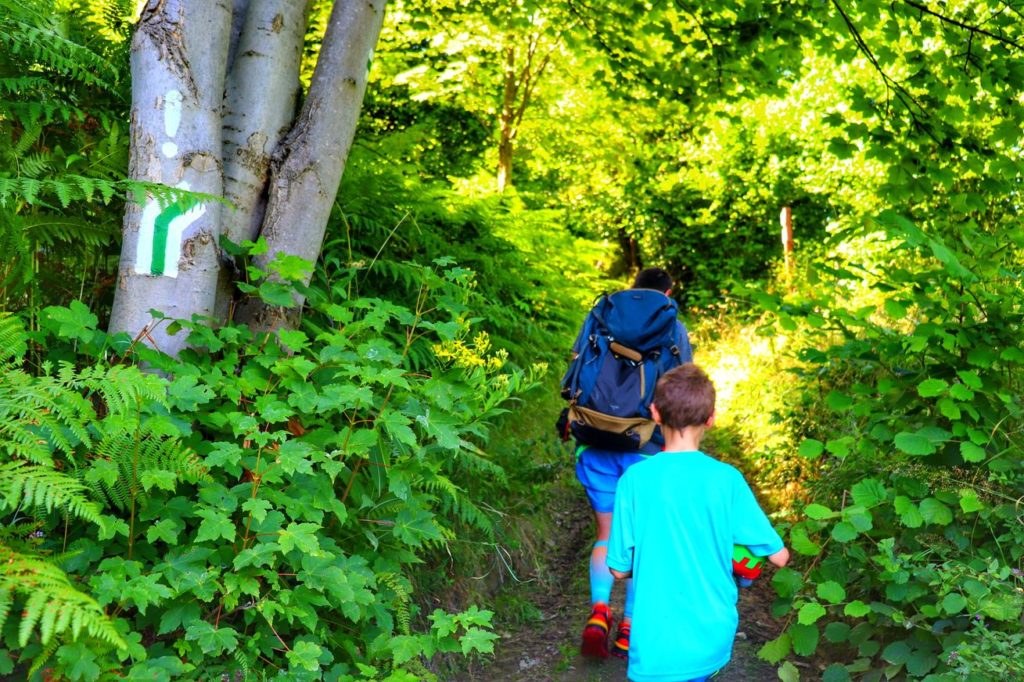 Mężczyzna z dzieckiem, pnąca się w górę ścieżka w Beskidzie Małym