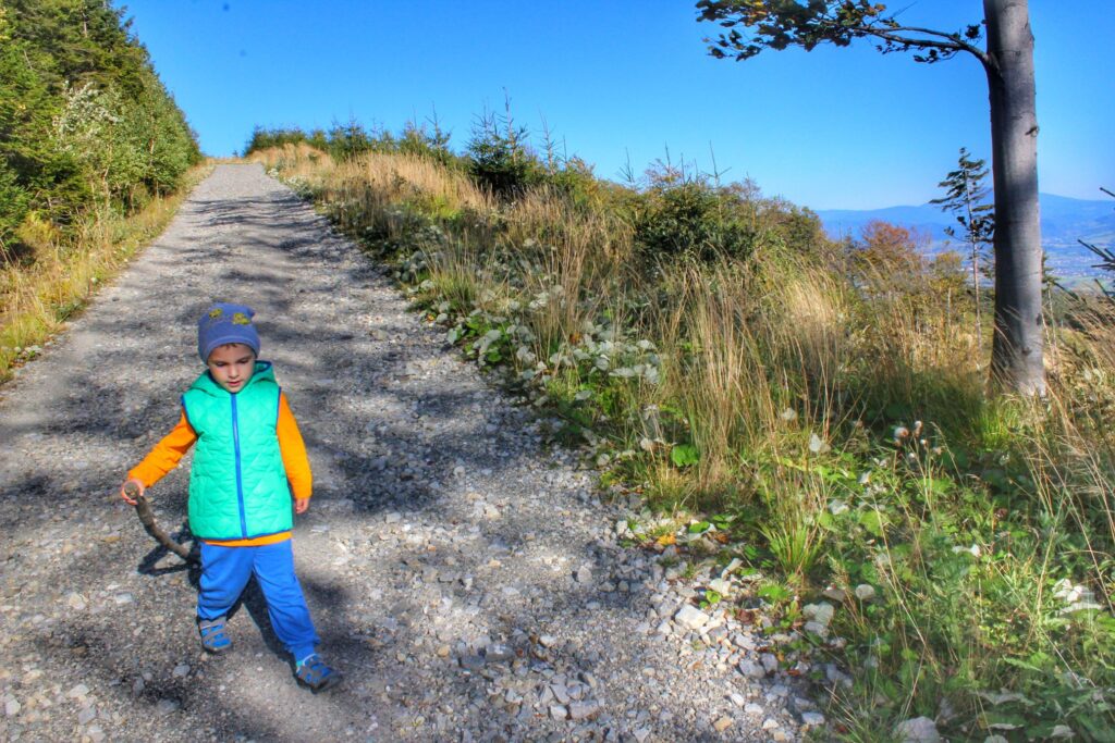 Mały turysta, dziecko schodzące ze szczytu Skrzyczne, szeroka droga