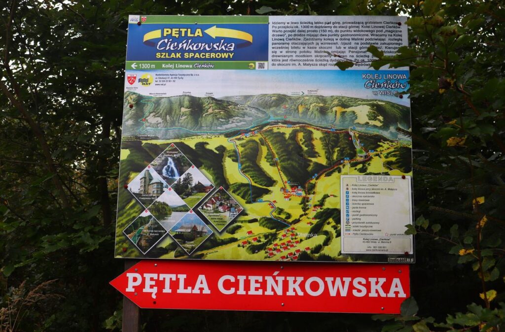 Pętla Cieńkowska, szlak spacerowy, tablica informacyjna na żółtym szlaku w Wiśle