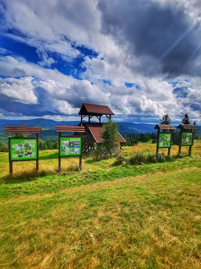 Tablice informacyjne dla turystów, wieża widokowa na szczycie Rachowiec w Beskidzie Żywieckim