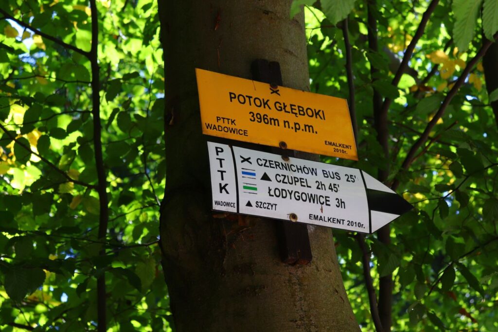 Żółta tabliczka wisząca na drzewie - Potok Głęboki, Beskid Mały