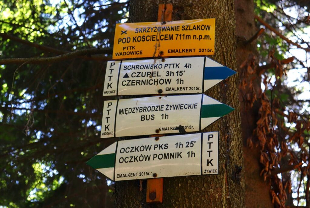 Żółta tabliczka wisząca na drzewie - Skrzyżowanie szlaków pod Kościelcem, inne drogowskazy - szlak zielony i szlak niebieski, Beskid Mały