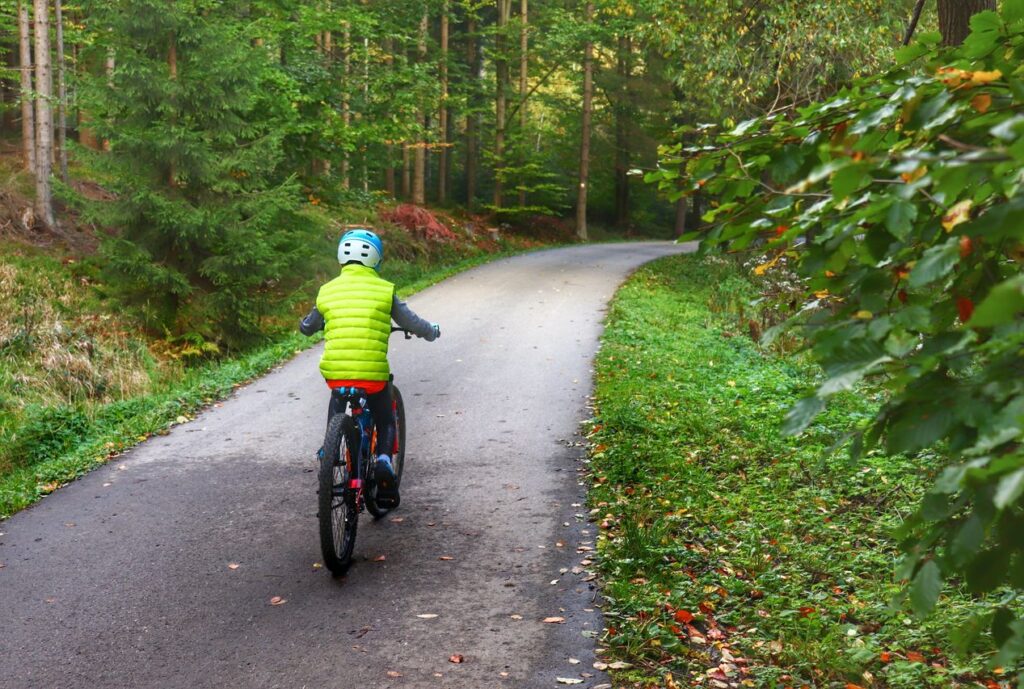 Dziecko jadące na rowerze po drodze leśnej w Istebnej - szlak żółty Źródło Olzy, jesień