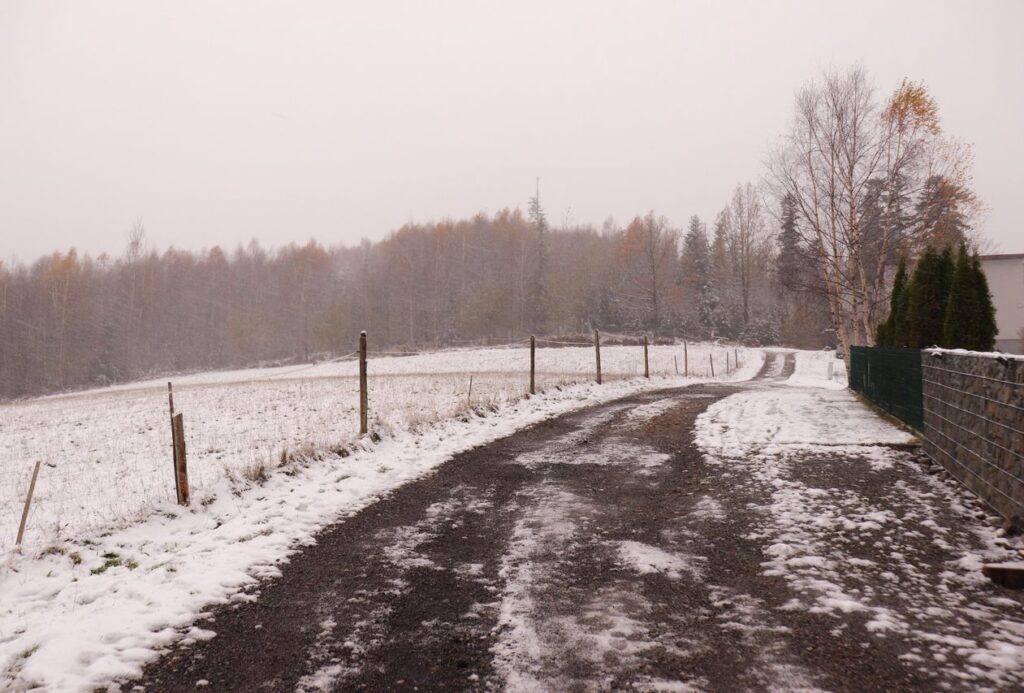 Asfaltowa droga biegnąca wzdłuż polany - stoku, śnieg, Wisła - szlak niebieski 