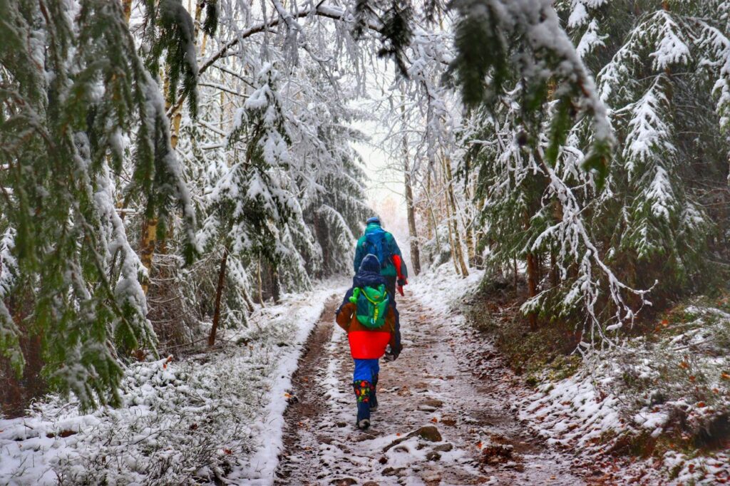 Dziecko z tatą na szerokiej drodze leśnej, zaśnieżone drzewa