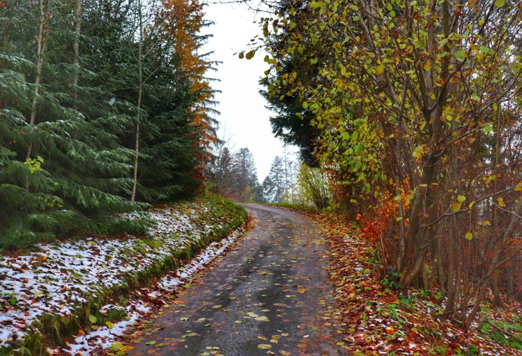 Idąca w górę asfaltowa droga, jesień, śladowe ilości śniegu