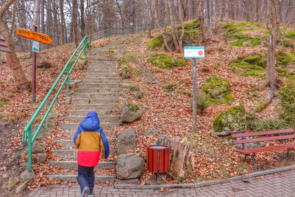 Dziecko na szlaku żółtym na Górę Witosza - Staniszów, schody