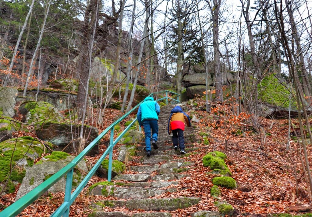 Turyści, kamienne schody, szlak żółty na Górę Witosza