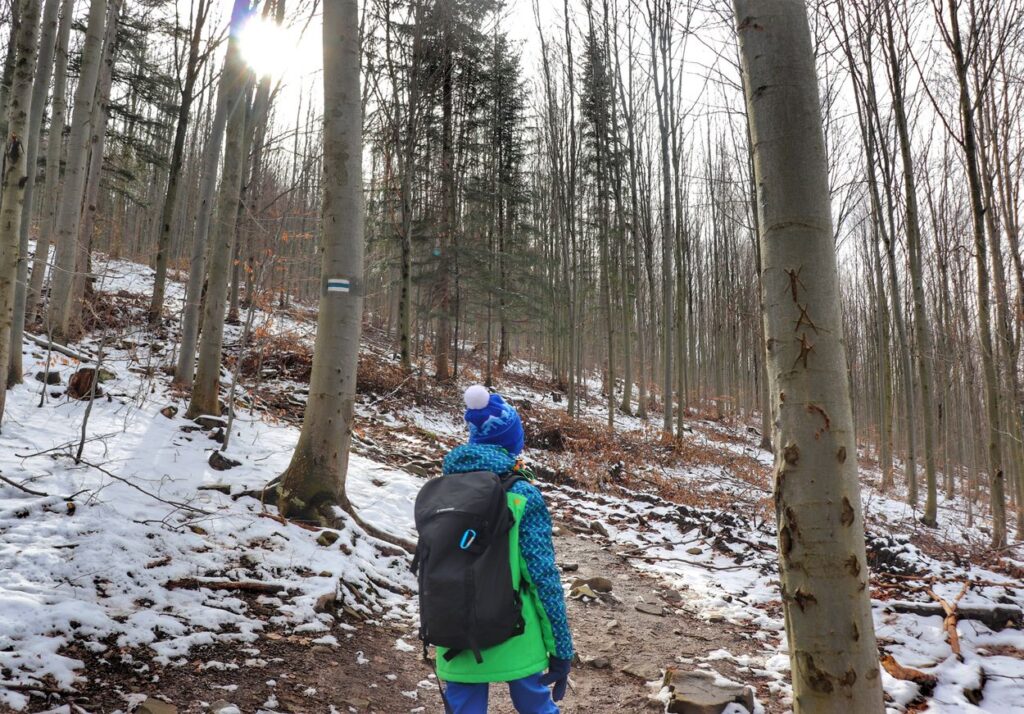 Dziecko na leśnej ścieżce, szlak niebieski w Zawoi