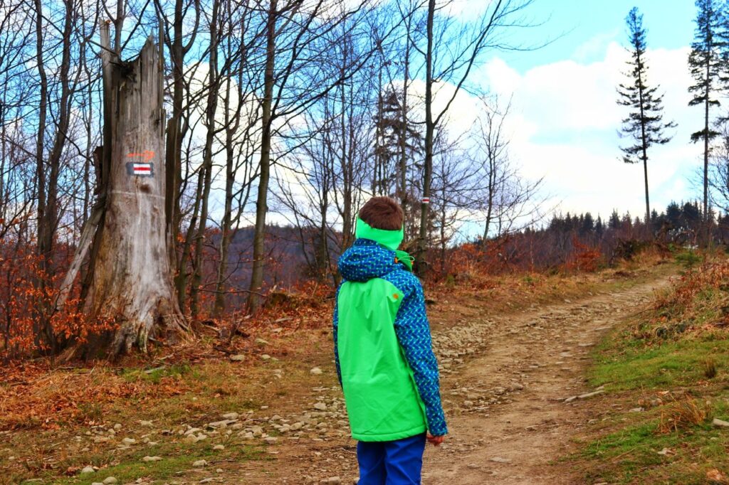 Dziecko na szlaku czerwonym w Jaworzu Nałęże, szeroka i kamienista ścieżka leśna