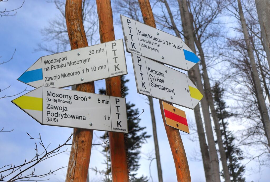 Drogowskazy - Miejsce łączenia się szlaku niebieskiego ze szlakiem żółtym - okolice szczytu Mosorny Groń