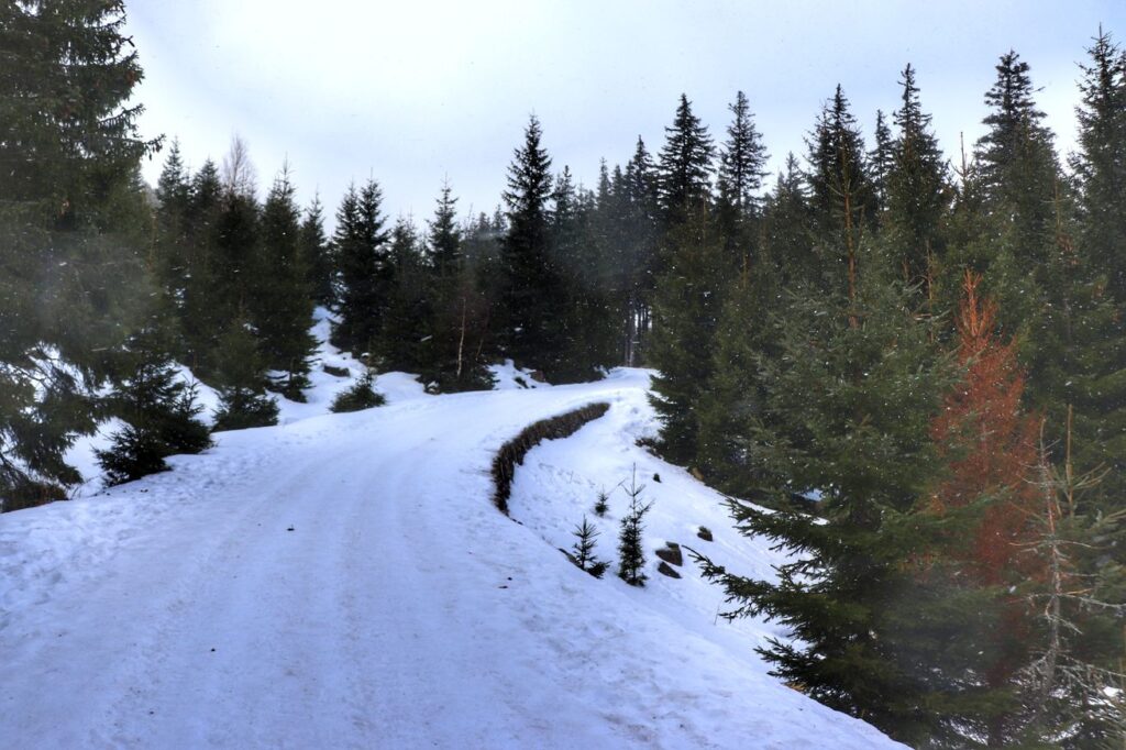 Szeroka droga, śnieg, żółty szlak - Karpacz