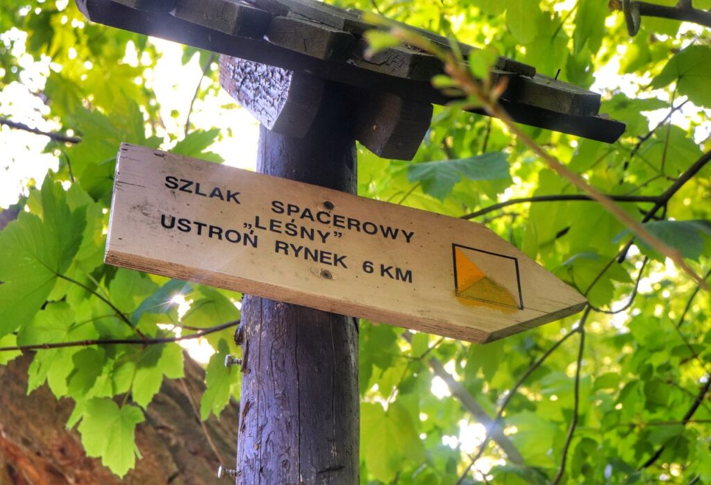 Biała tabliczka wskazująca kierunek żółtego szlaku spacerowego LEŚNEGO - kierunek Ustroń