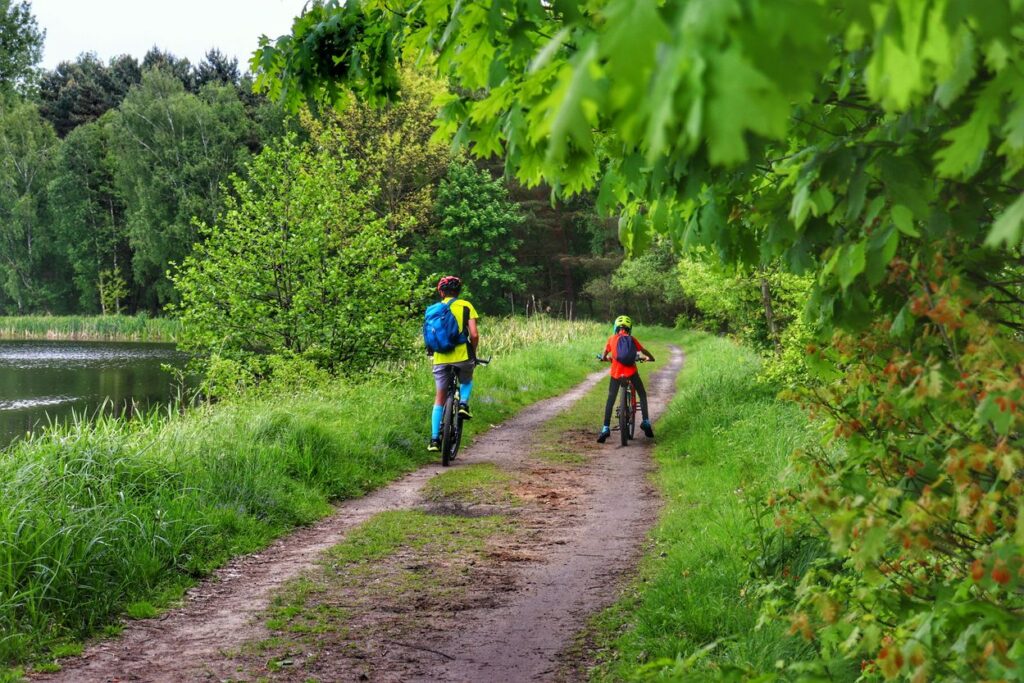 Rowerzyści - dziecko z tatą na żółtym szlaku rowerowym, Pojezierze Palowickie na Górnym Śląsku