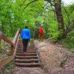 Turysta z dzieckiem, schody, Rezerwat Przyrody Prządki w Beskidzie Niskim