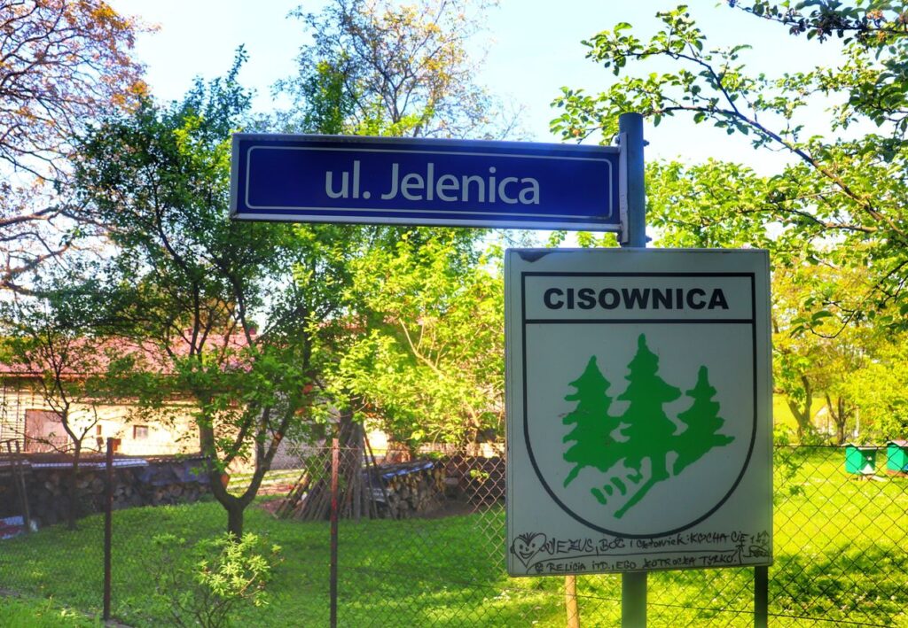 Niebieska tablica z nazwą ulicy Jelenica, biała tablica z napisem Cisownica