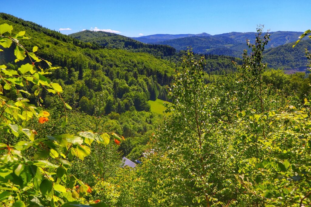 Widoki rozciągające się z zielonego szlaku w Ustroniu, krajobraz górski, niebieskie niebo 