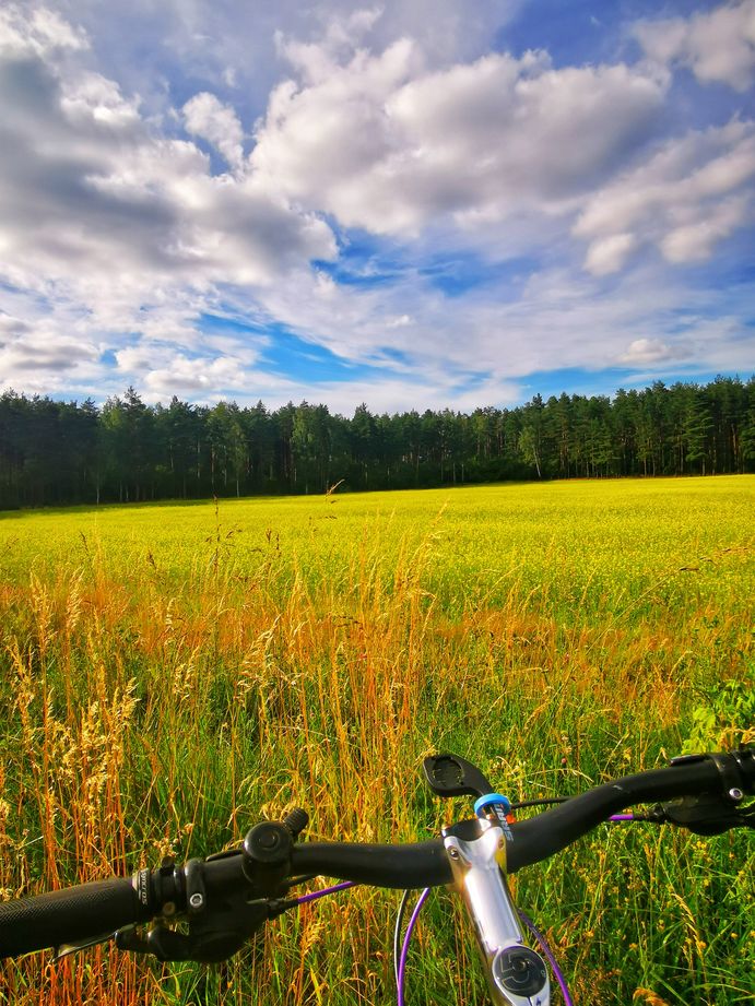 Pole, lato, białe chmury, Mazury na rowerze - ROWEREM PO KOLEI