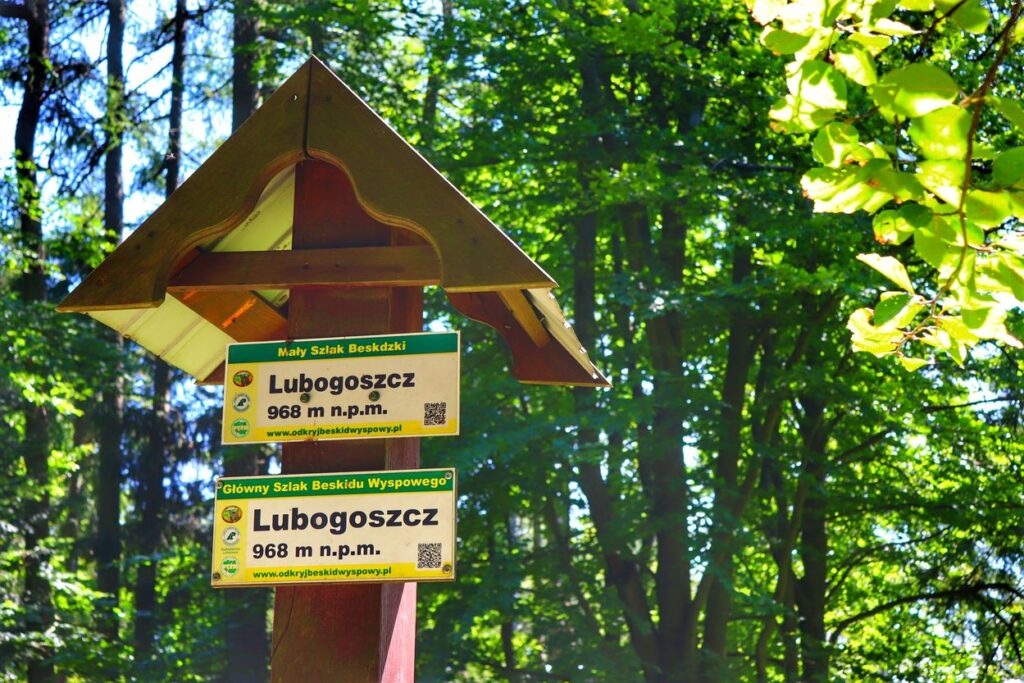 Tabliczka oznaczająca szczyt Lubogoszcz w Beskidzie Wyspowym