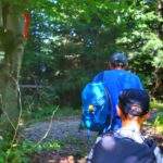 Turysta z dzieckiem, droga leśna, miejsce skrętu szlaku zielonego na Lubogoszcz w prawo