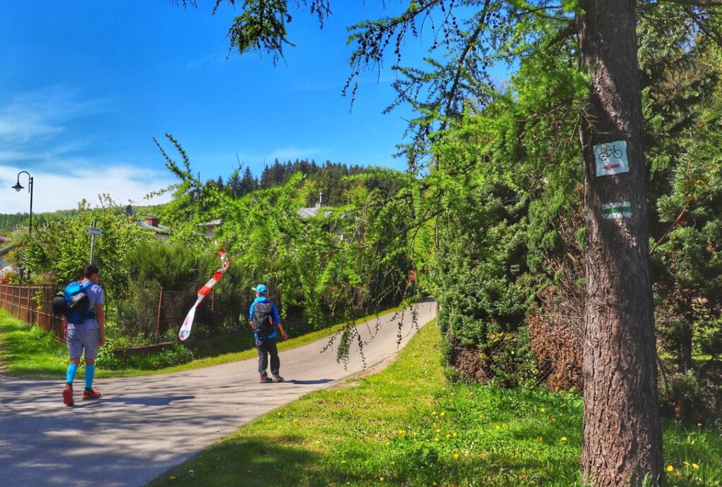 Dziecko z tatą na zielonym szlaku w Rymanowie-Zdroju, droga asfaltowa, niebieskie niebo