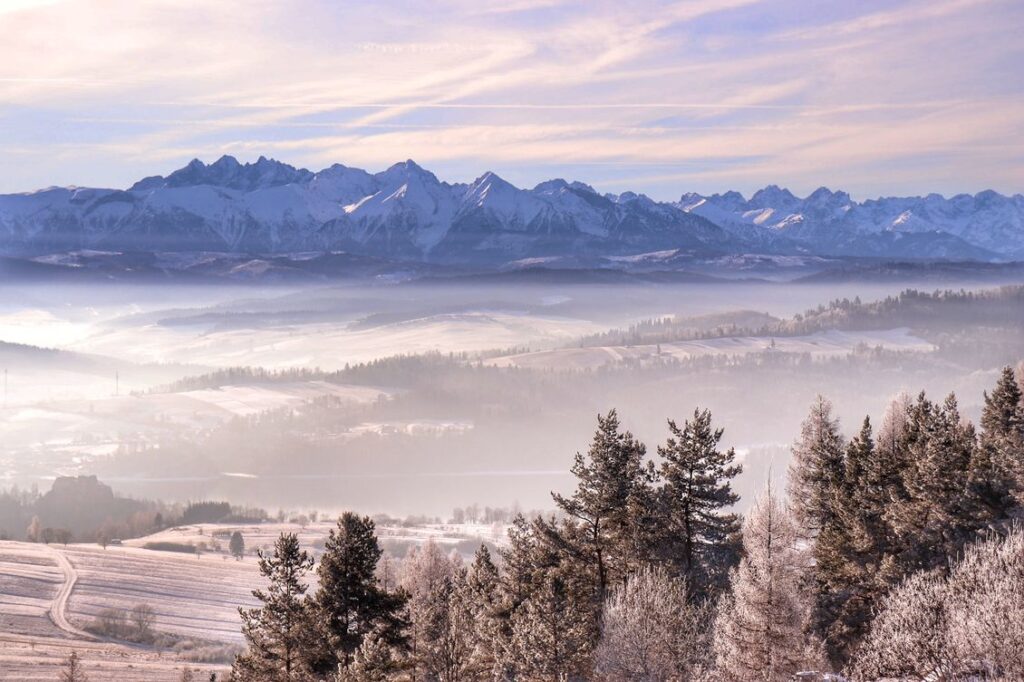 Widok na zaśnieżone Tatry z góry Wdżar w Pieninach