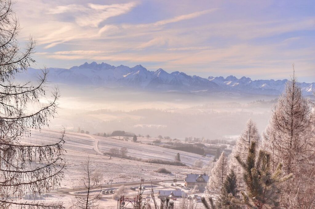 Widok na zaśnieżone Tatry z trasy na górę Wdżar, Kluszkowce