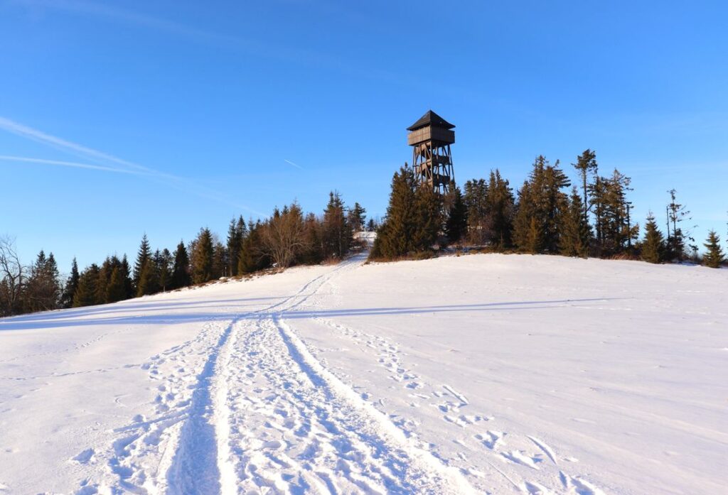 Zaśnieżona polana, drewniana wieża widokowa, Lubań w Gorcach