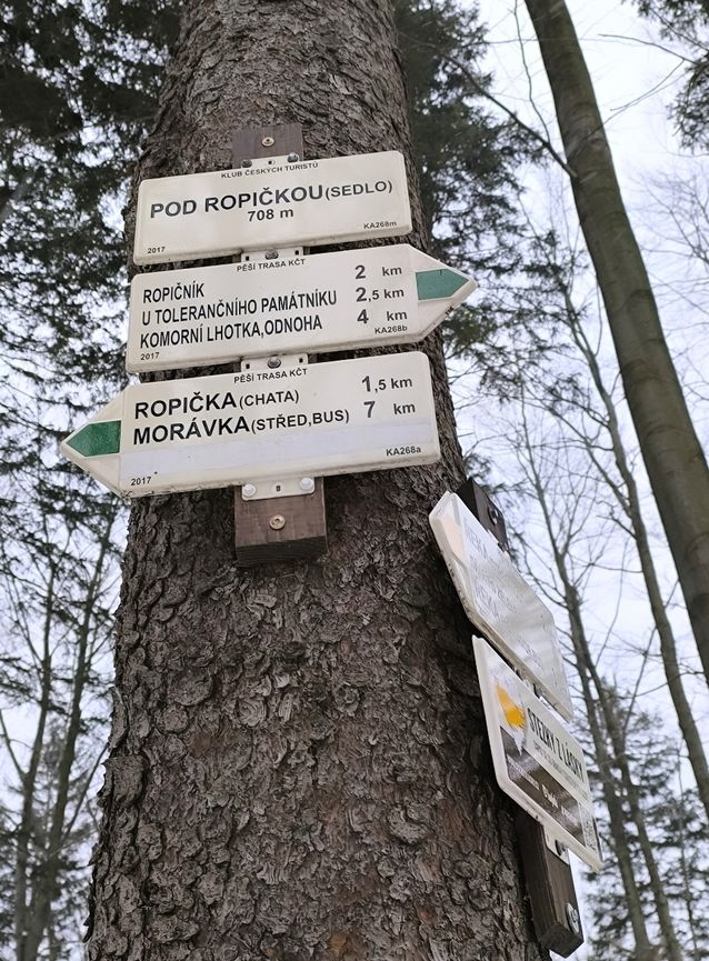 Tablica Pod Ropičkou SEDLO, Beskid Morawsko-Śląski, drogowskazy