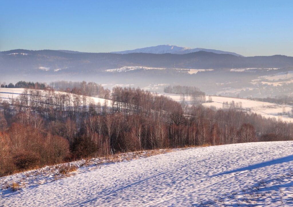 Widok na zaśnieżoną Babią Górę z ul. Zagrodowej w Łękawicy