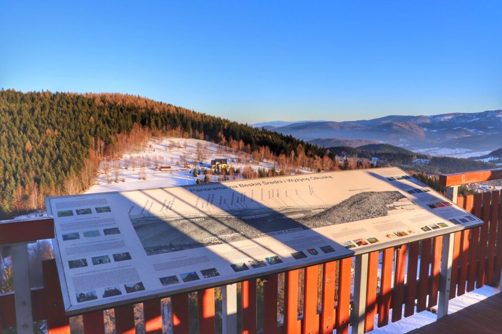 Tablica z opisaną panoramą, widok na Beskid Średni i Wyżynę Olkuską, Wieża widokowa w Stryszawie, Beskidzki Raj