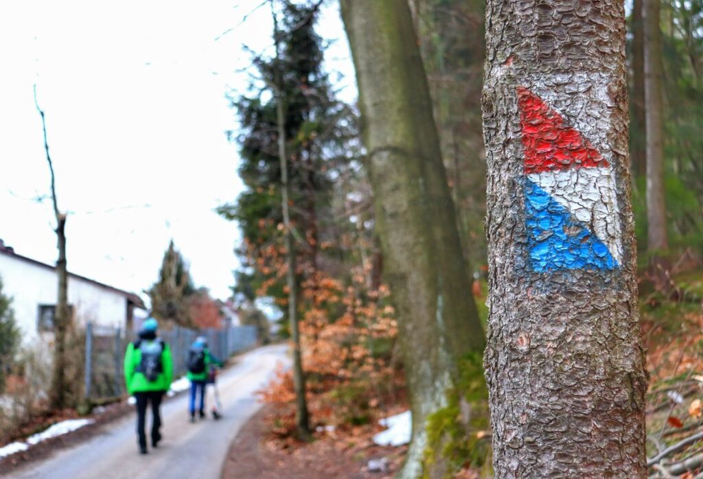 Istebna, niebieski i czerwony szlak spacerowy, droga, dziecko z tatą