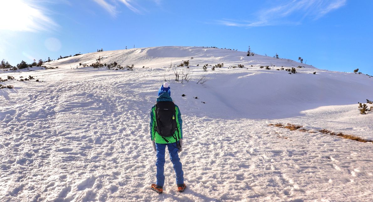 Babia Góra zimą szlak z Przełęczy Krowiarki, widok na Tatry