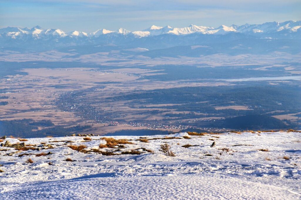 Widok na Tatry z okolic Babiej Góry, zima