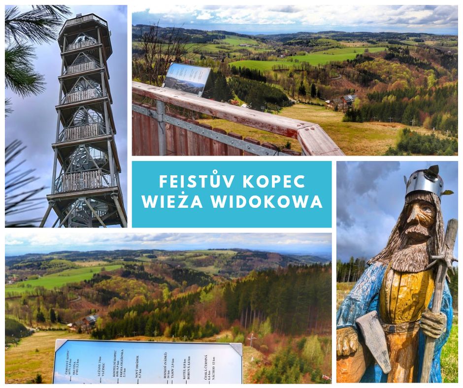 Wieża widokowa Feistův kopec w Czechach, kolaż zdjęć