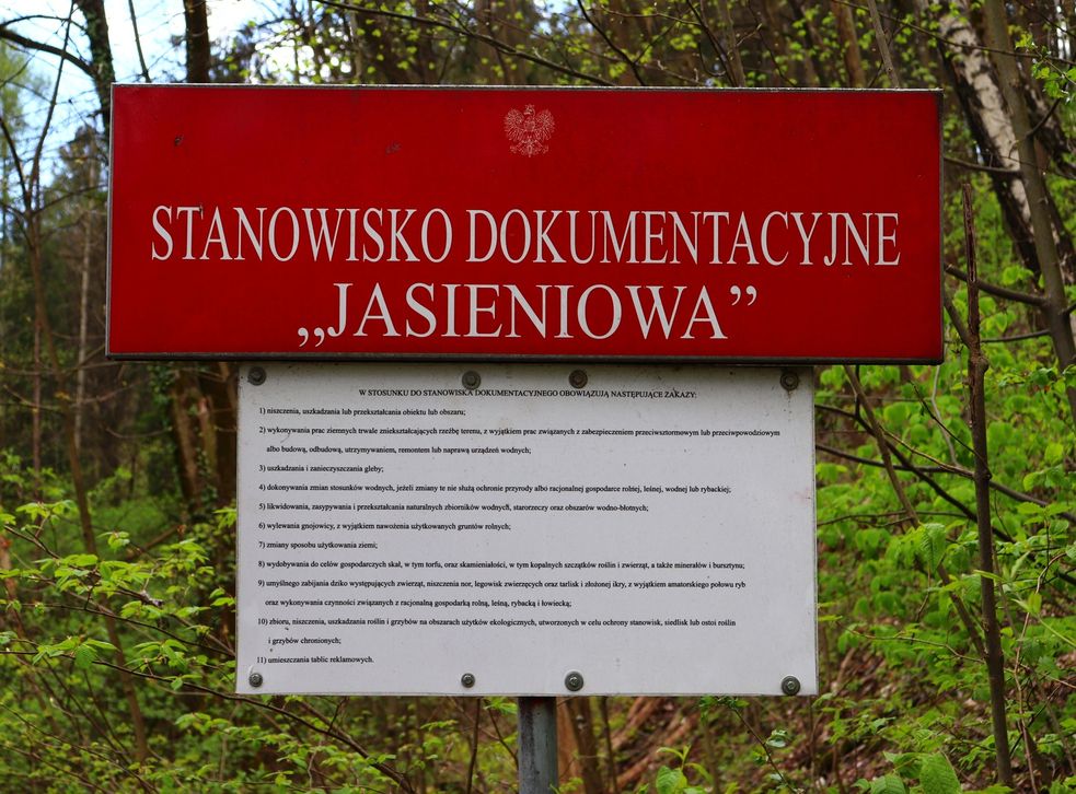 Czerwona tablica z napisem - Stanowisko Dokumentacyjne Jasieniowa - Goleszów