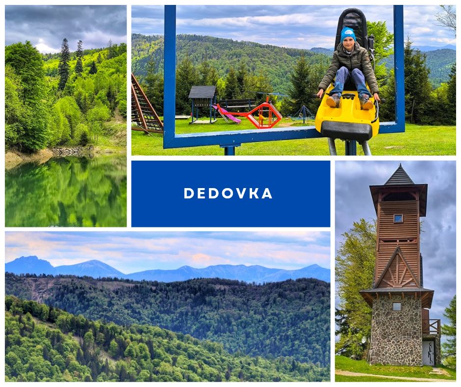 Dedovka wieża widokowa, dziecko, krajobraz górski, Fatra, staw - kolaż zdjęć