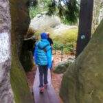 Dziecko, wąskie przejście między skałami piaskowca, drewniana kładka, las, żółty szlak - Szczeliniec