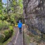 Dziecko wędrujące po drewnianej kładce przy wysokiej skale - Szczeliniec Wielki