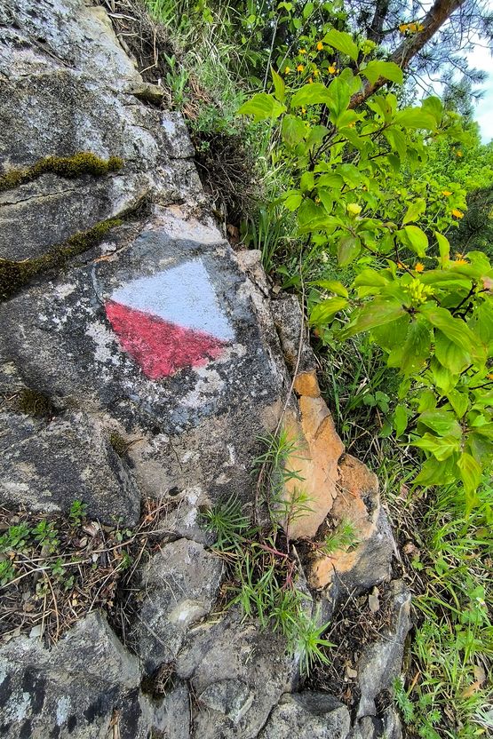 Oznaczenie czerwonego szlaku spacerowego na skale - Wyrchgóra Goleszów