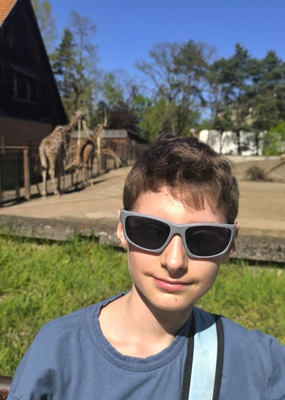 Szczęśliwe dziecko w zoo we Wrocławiu, w tle żyrafy