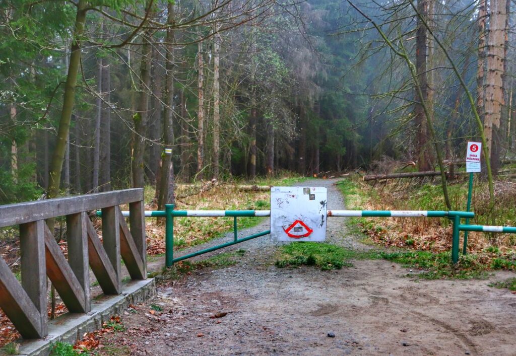 Szlaban, droga leśna przy parkingu Białe Skały na terenie Parku Narodowego Gór Stołowych