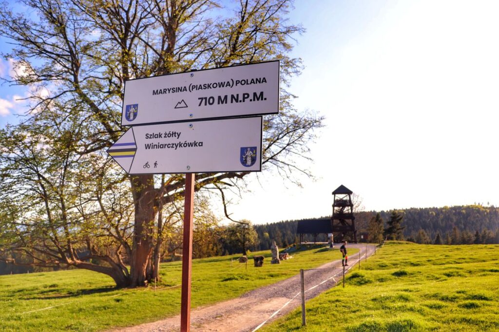 Biała tabliczka, Marysina Polana 710 m n.p.m. w tle drewniana wieża widokowa 