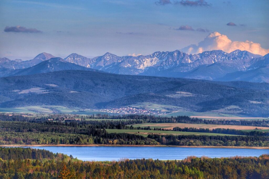 Widok z wieży widokowej na Tatry i Jezioro Orawskie - Lipnica Wielka - Marysina Polana, wiosenne drzewo