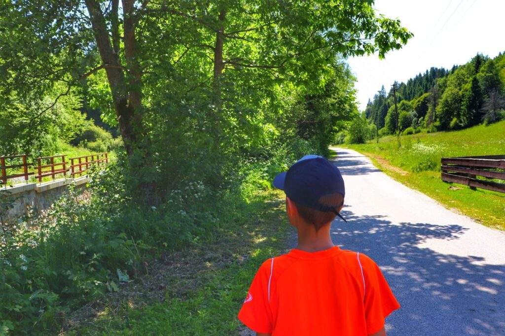 Nová Bystrica na Słowacji, dziecko idące poboczem drogi wzłuż torów kolei wąskotorowej