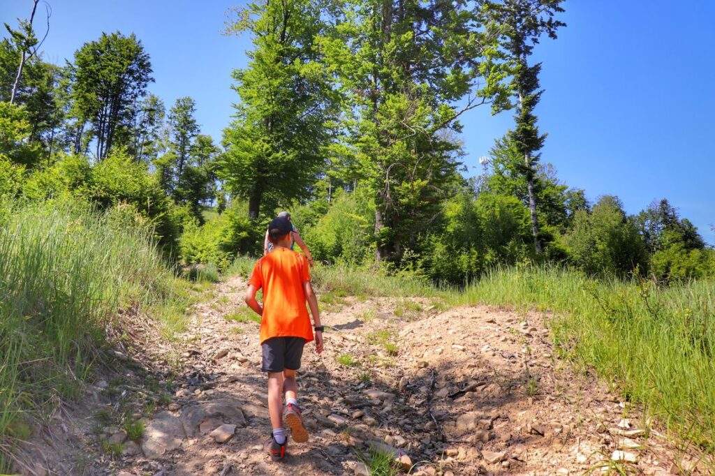 Nová Bystrica na Słowacji, dziecko, pnąca się w górę droga leśna