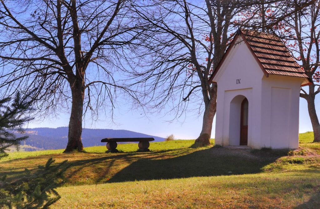 Zákamenné, Kalwaria, kapliczka, ławeczka, las