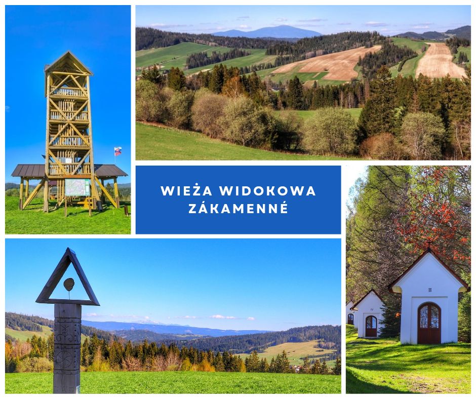 Zakamenné wieża widokowa, widok na Fatrę, ławeczka beskidzka - kolaż zdjęć