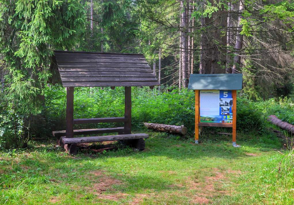 Ścieżka przyrodnicza, tablica 5, wiata turystyczna, las - Rezerwat Przyrody Bukovec, Czechy