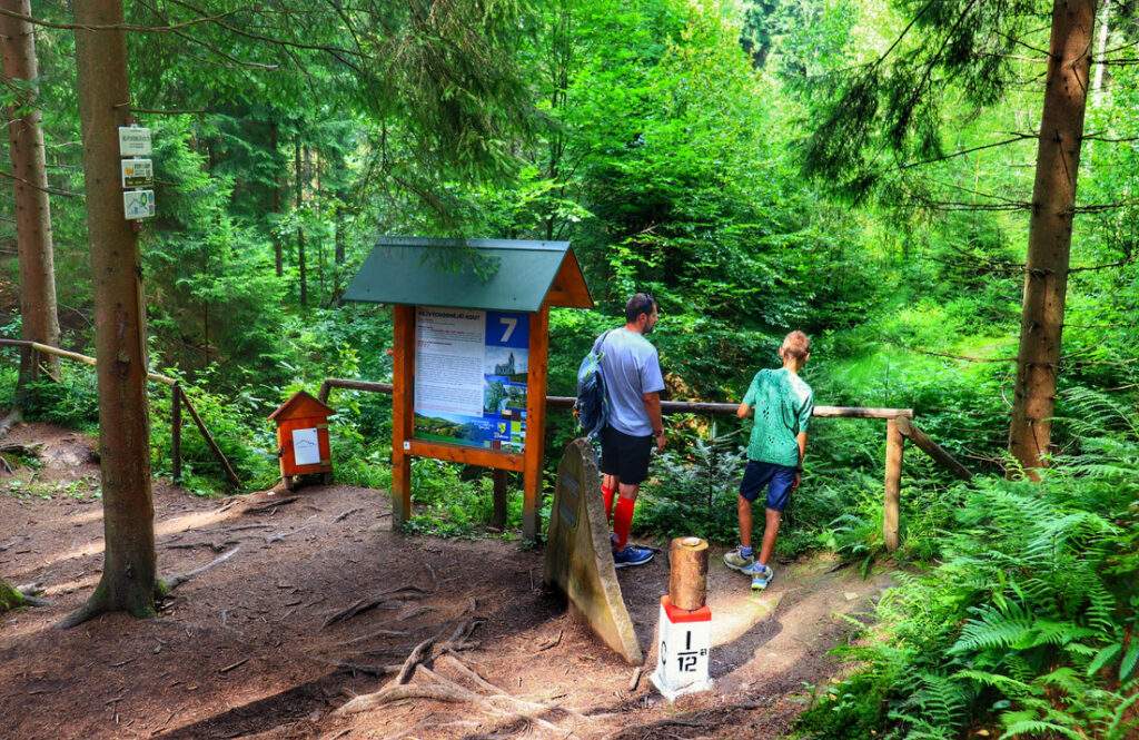 Turysta z dzieckiem, ścieżka przyrodnicza, tablica 7. Nejvýchodnější kout - Rezerwat Przyrody Bukovec, Czechy